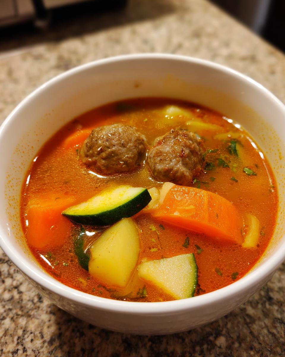Close-up of a white bowl filled with rich, orange broth albondigas soup, featuring meatballs and chunks of zucchini, carrots, and potatoes.