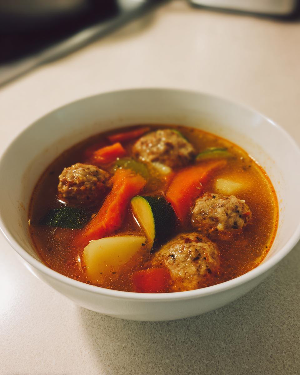 Close-up of a white bowl filled with flavorful albondigas soup, featuring meatballs, carrots, zucchini, and potatoes.