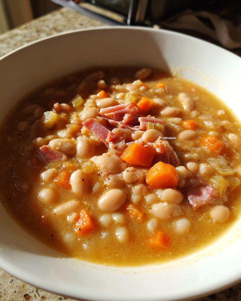 A close-up view of a white bowl filled with thick navy bean soup, topped with diced ham, carrots, and celery.