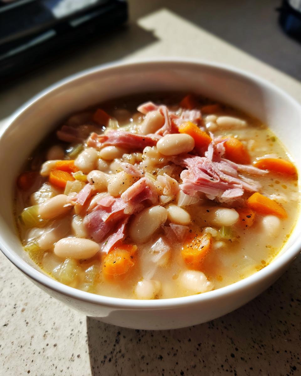 Close-up of a white bowl filled with thick navy bean soup, topped with shredded ham, carrots, and celery.