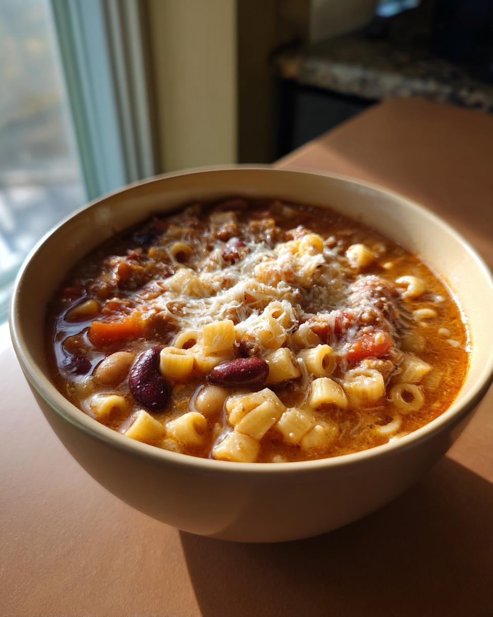 Close-up of a steaming bowl of rich pasta e fagioli soup topped with grated Parmesan cheese.