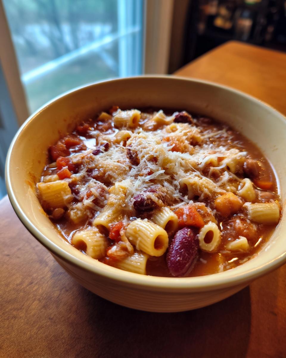 Close-up of a warm bowl of pasta e fagioli topped generously with grated Parmesan cheese.