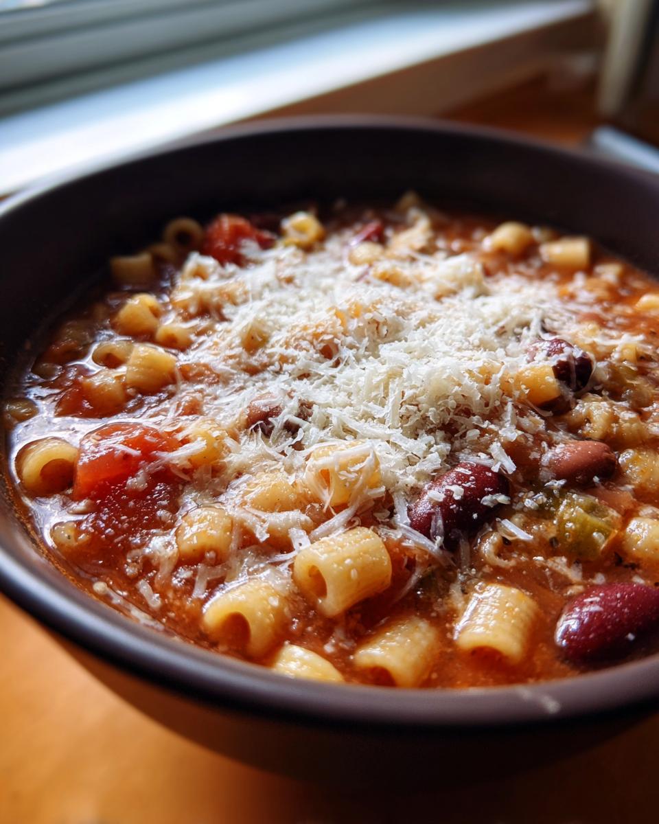 Close-up of a dark bowl filled with rich, tomato-based pasta e fagioli topped generously with grated Parmesan cheese.