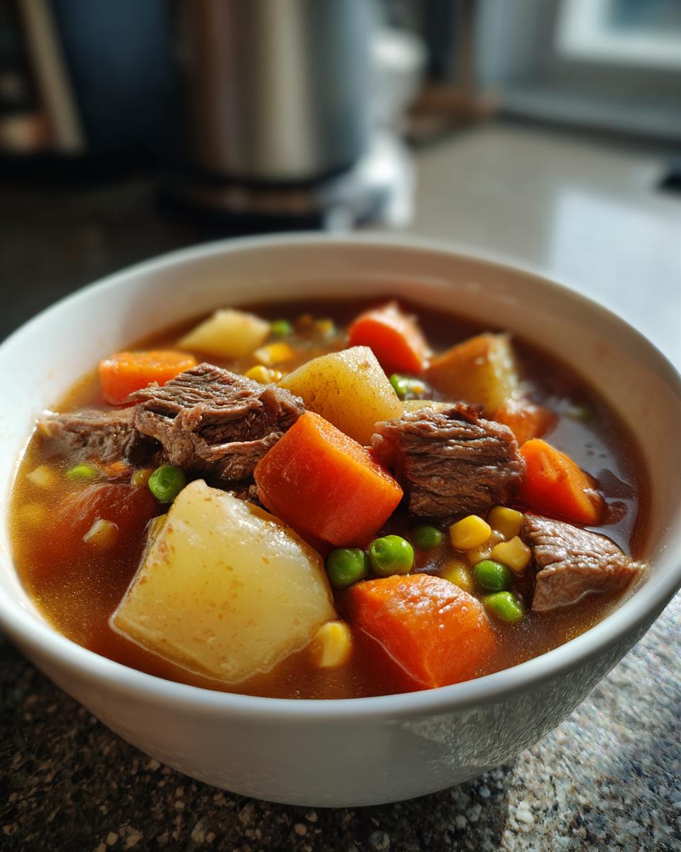 Close-up of a white bowl filled with rich vegetable beef soup featuring chunks of beef, potatoes, carrots, peas, and corn.