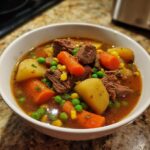 Close-up of a white bowl filled with rich vegetable beef soup, featuring chunks of beef, potatoes, carrots, peas, and corn.