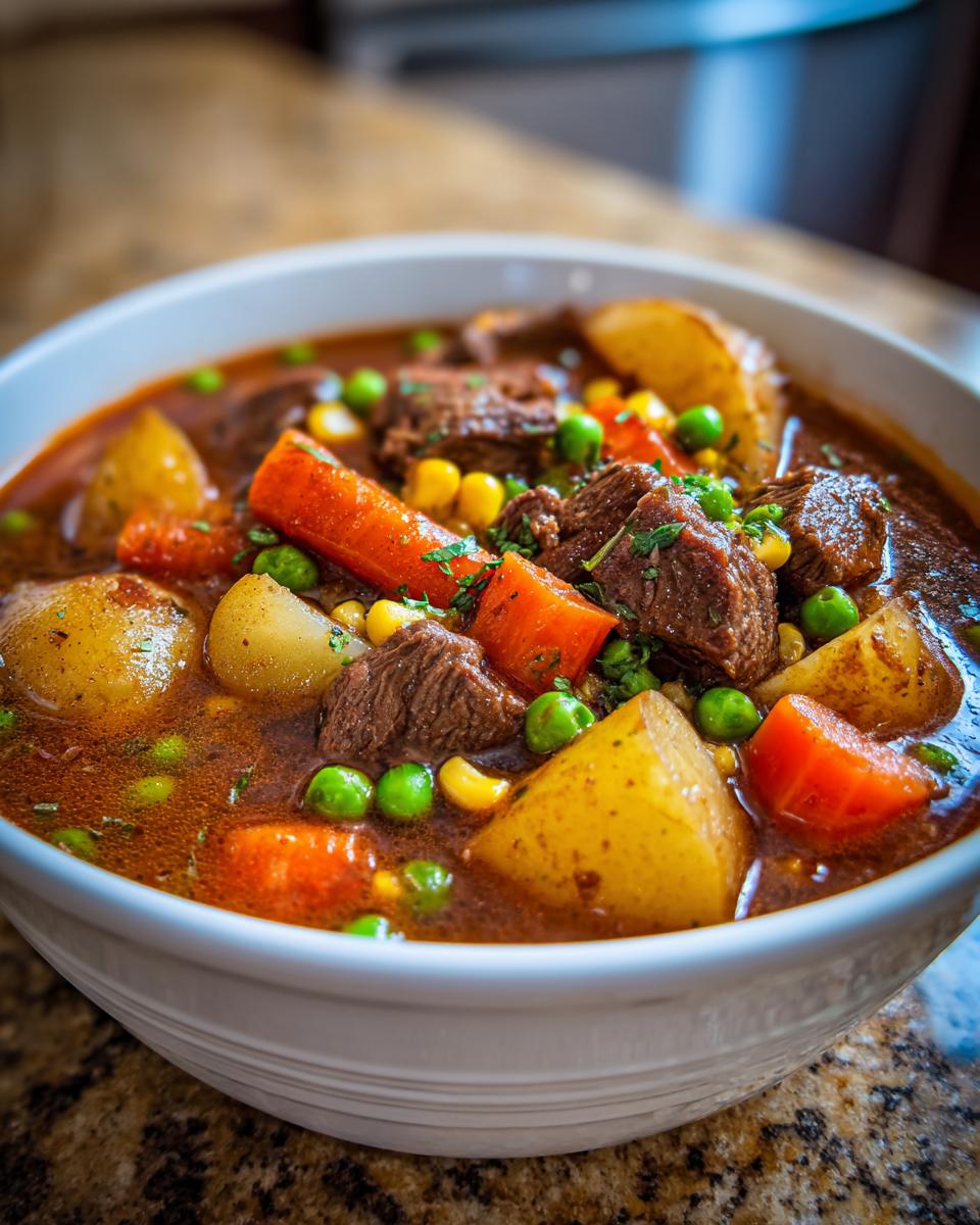 Close-up of a rich vegetable beef soup featuring chunks of beef, potatoes, carrots, peas, and corn.