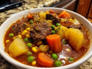 Close-up of a rich bowl of vegetable beef soup featuring large chunks of beef, potatoes, carrots, peas, and corn.