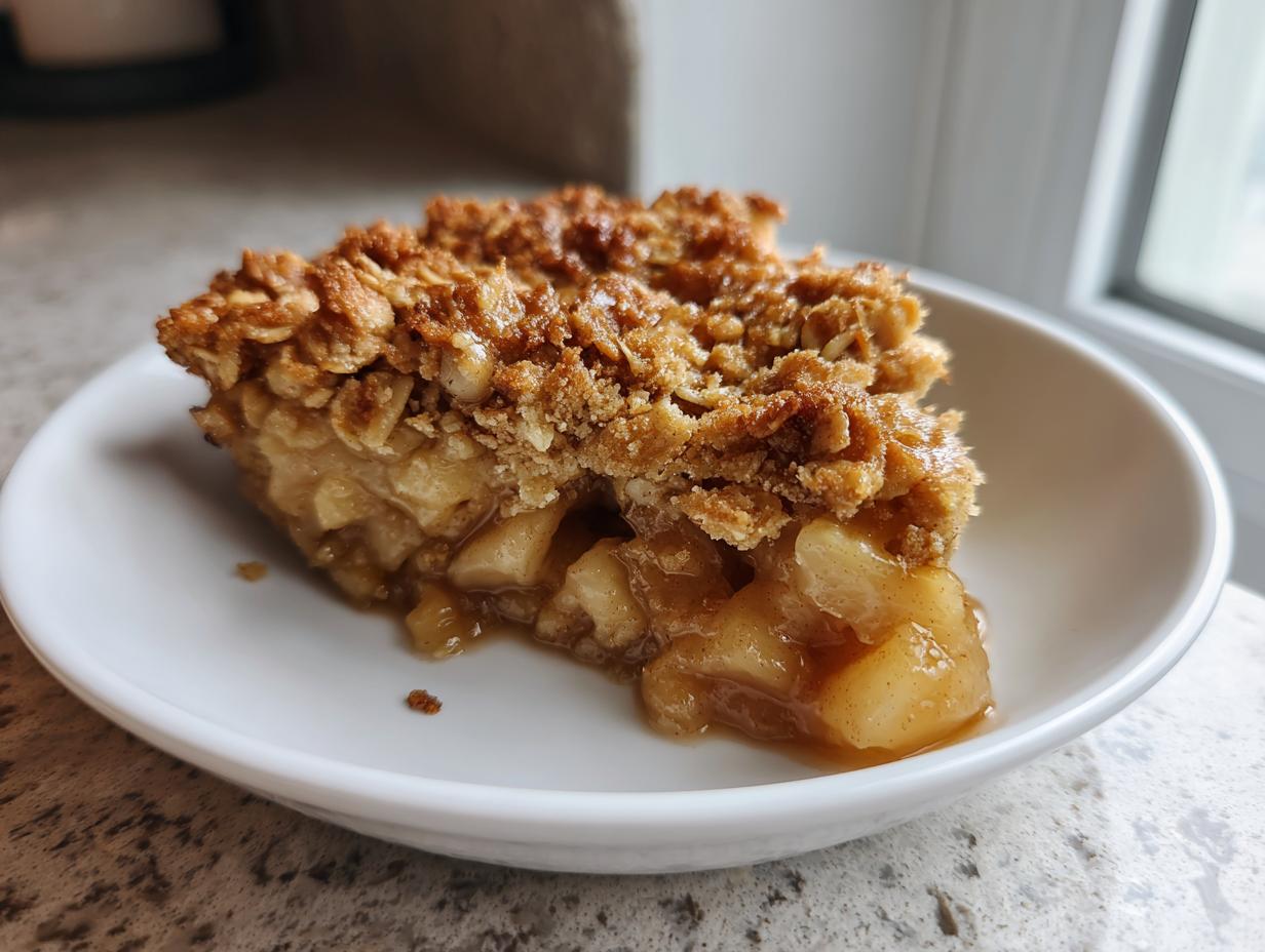 A close-up of a warm slice of apple crisp showing tender, spiced apples beneath a thick, golden oat crumble topping.