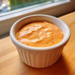 Close-up of creamy, orange-tinted homemade big mac sauce speckled with red spices in a small white ramekin.