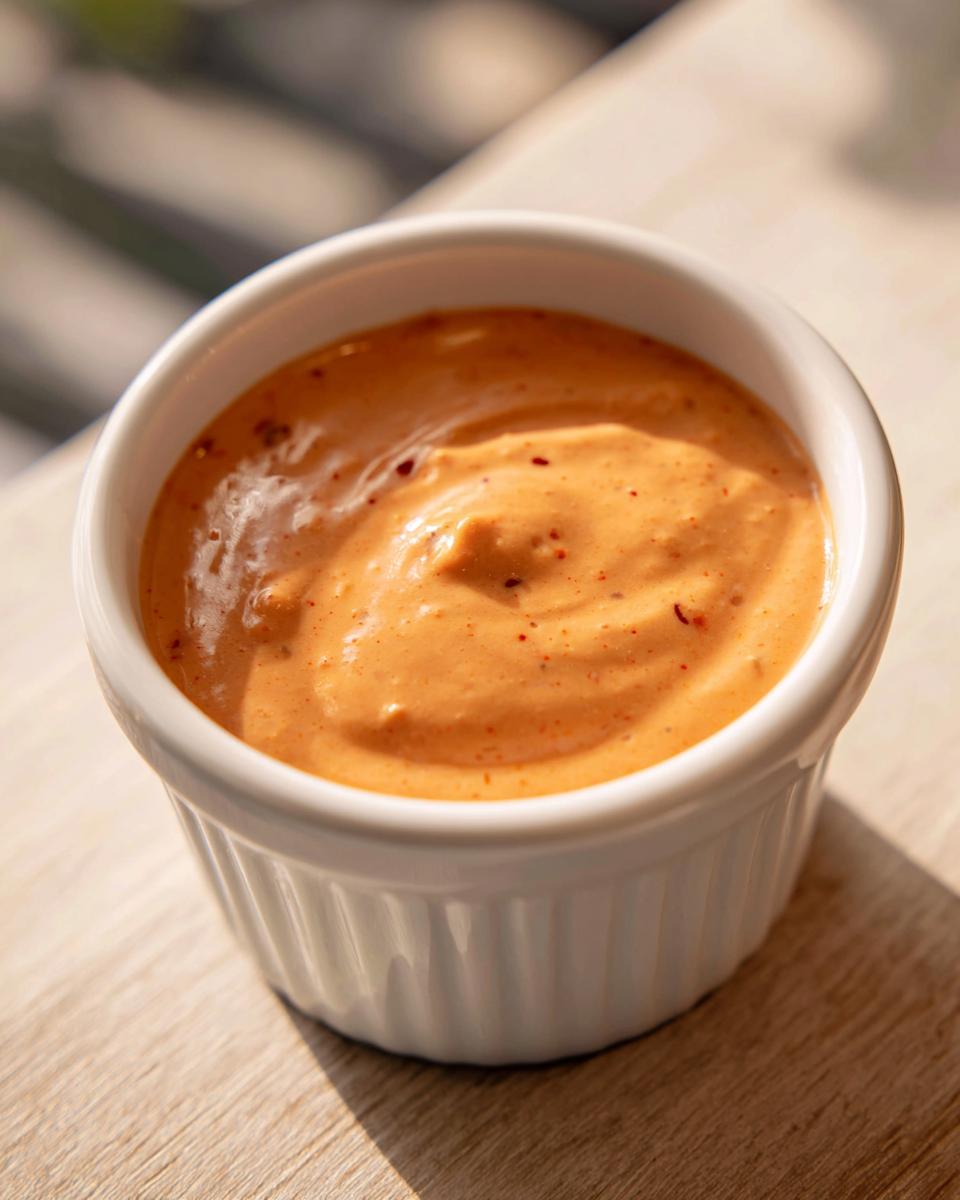 Close-up of creamy, orange-hued big mac sauce speckled with red spices in a white dipping bowl.