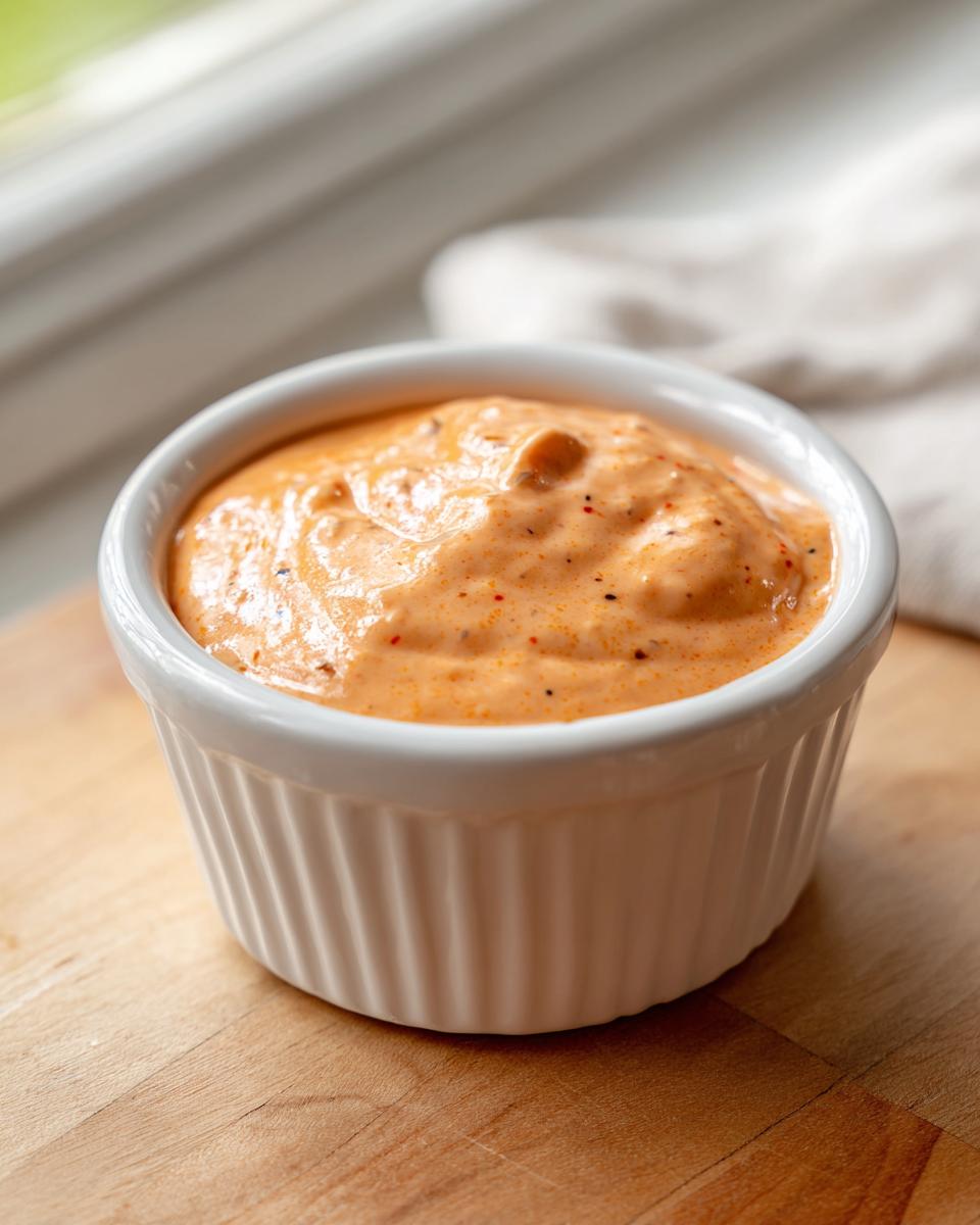 Close-up of creamy, orange-hued big mac sauce speckled with spices in a white fluted dipping bowl.