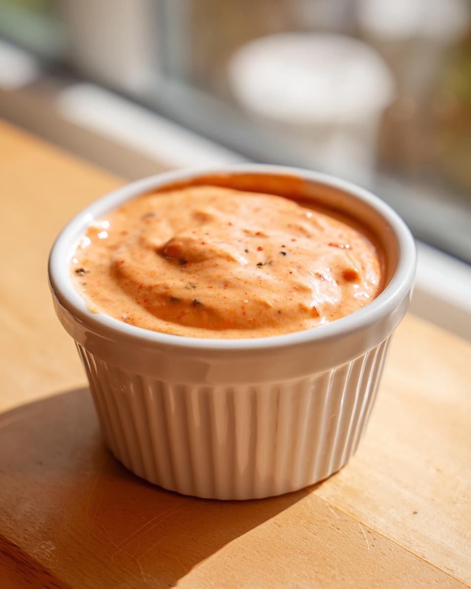Close-up of creamy, orange-hued homemade big mac sauce speckled with spices in a white ramekin.
