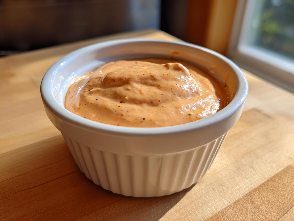 A close-up of homemade big mac sauce, creamy and orange-pink, served in a small white fluted ramekin on a wooden surface.