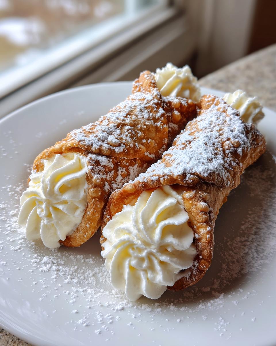Two crispy, fried shells of a cannoli recipe filled with sweet cream and dusted heavily with powdered sugar.