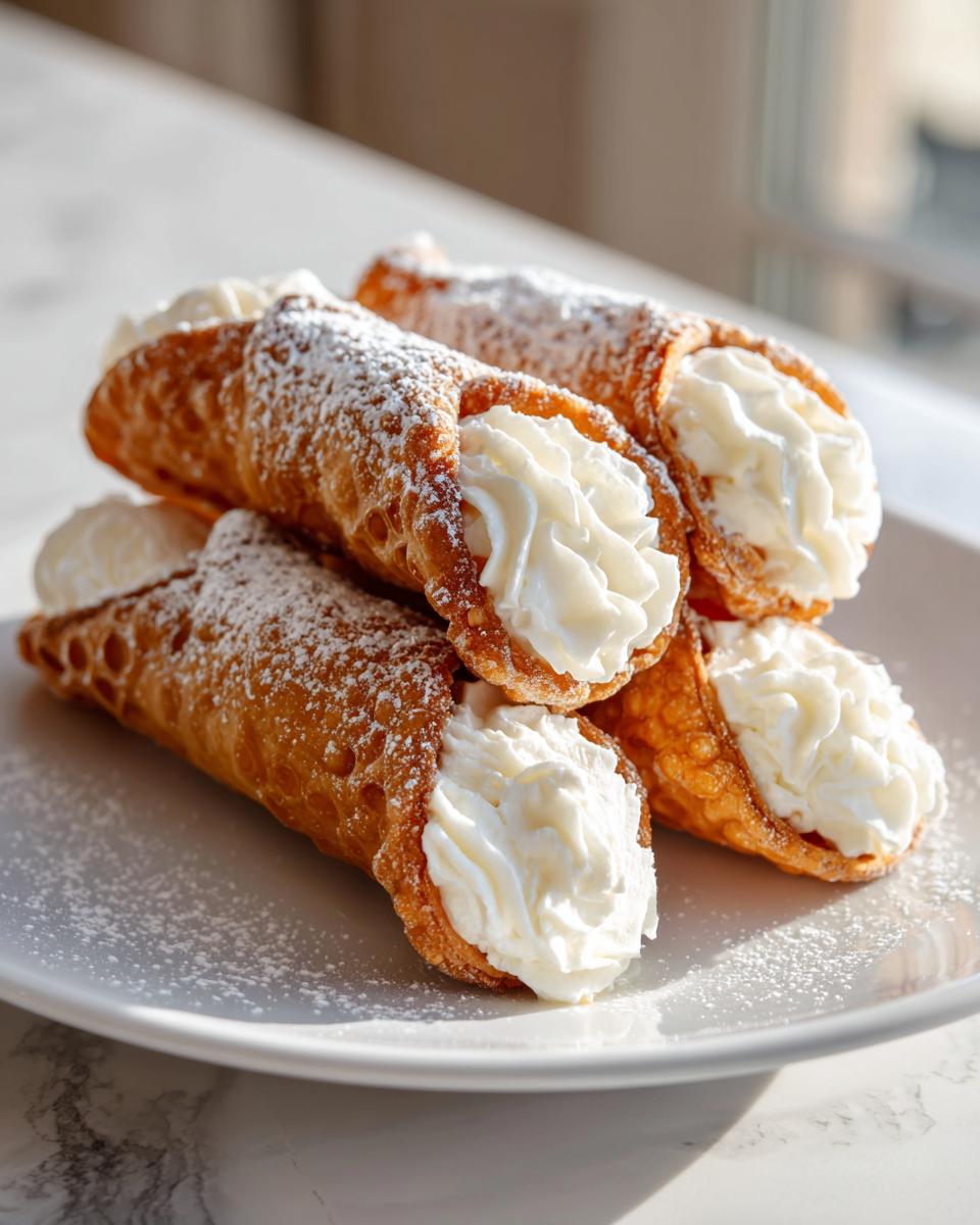 A stack of four freshly made cannoli, filled with white cream and dusted with powdered sugar, ready to eat.