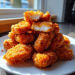 A pile of crispy, golden homemade chicken nuggets on a white plate, with one nugget broken open showing white meat.