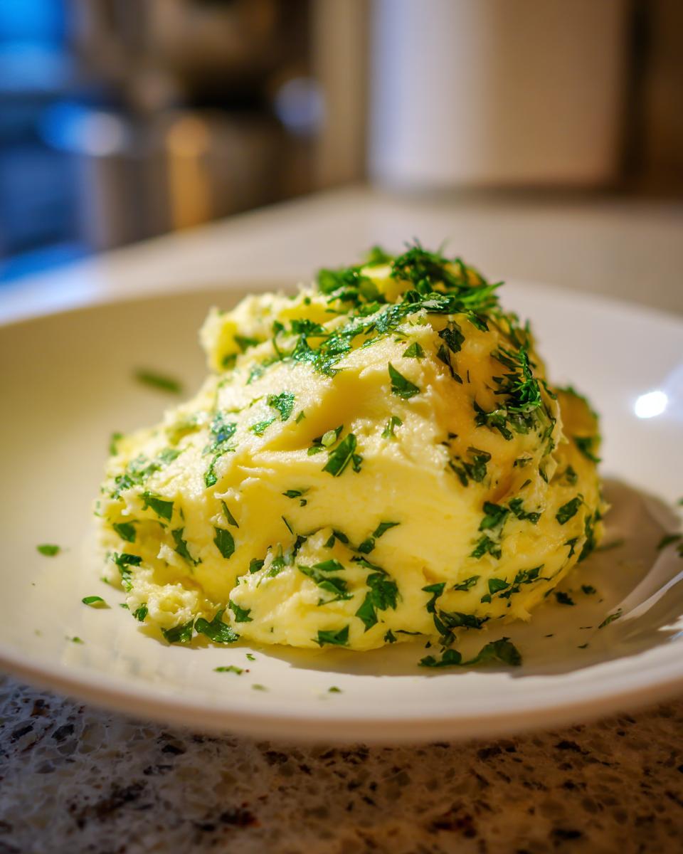 A dollop of bright yellow homemade garlic butter generously mixed with chopped green parsley, served on a white plate.