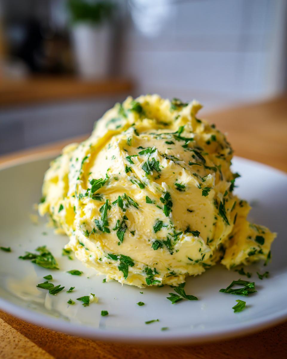 A mound of creamy, yellow garlic butter mixed generously with chopped green parsley on a white plate.