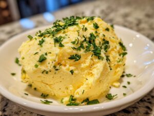 A scoop of rich, yellow homemade garlic butter topped generously with fresh chopped parsley.