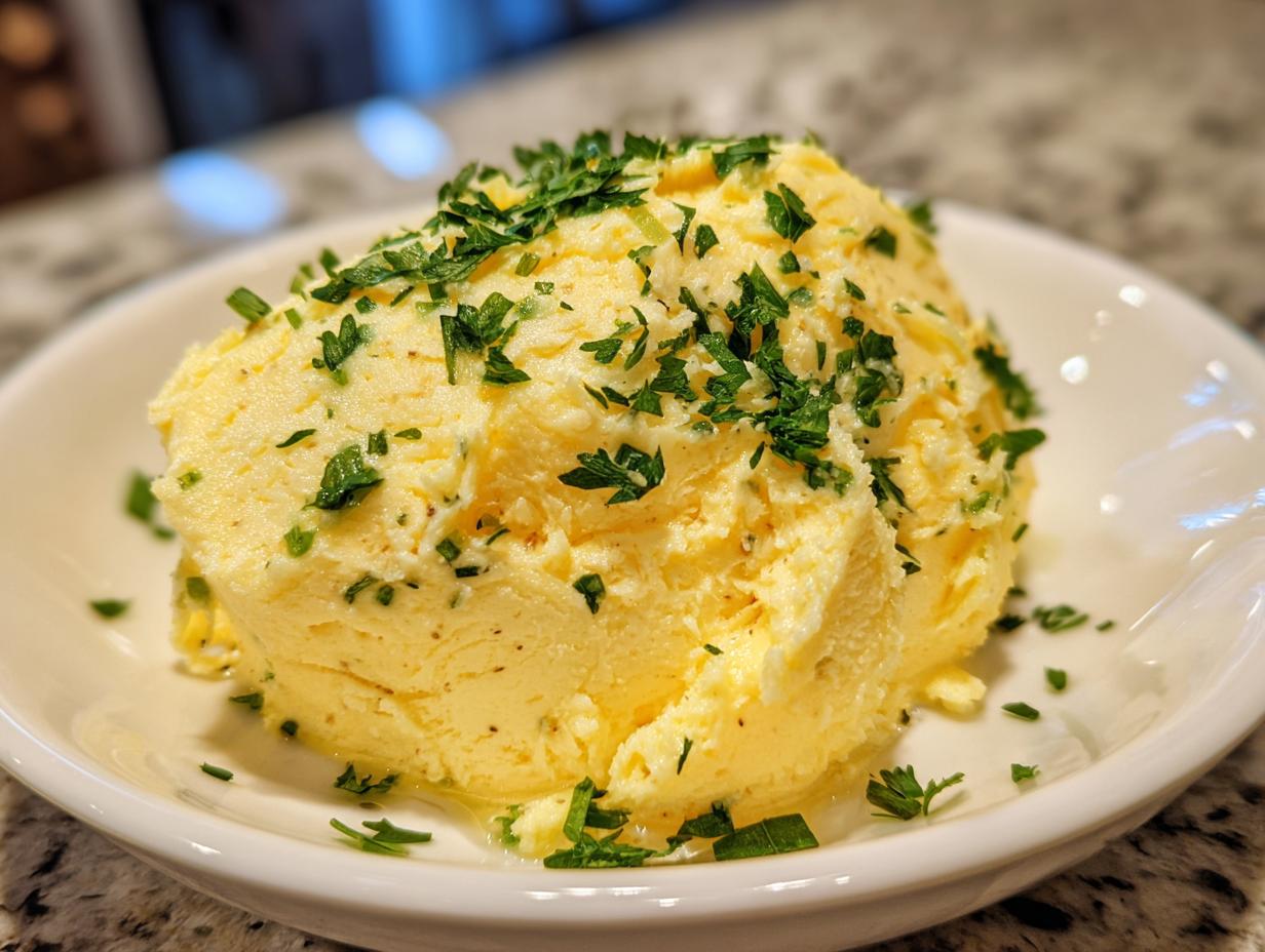 A scoop of rich, yellow homemade garlic butter topped generously with fresh chopped parsley.