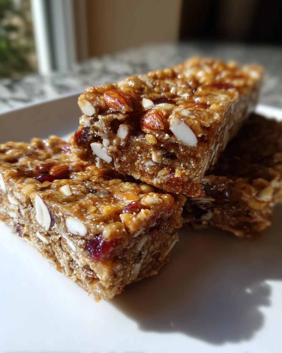 Three stacked homemade granola bars featuring visible almonds and dried cranberries, glistening slightly.