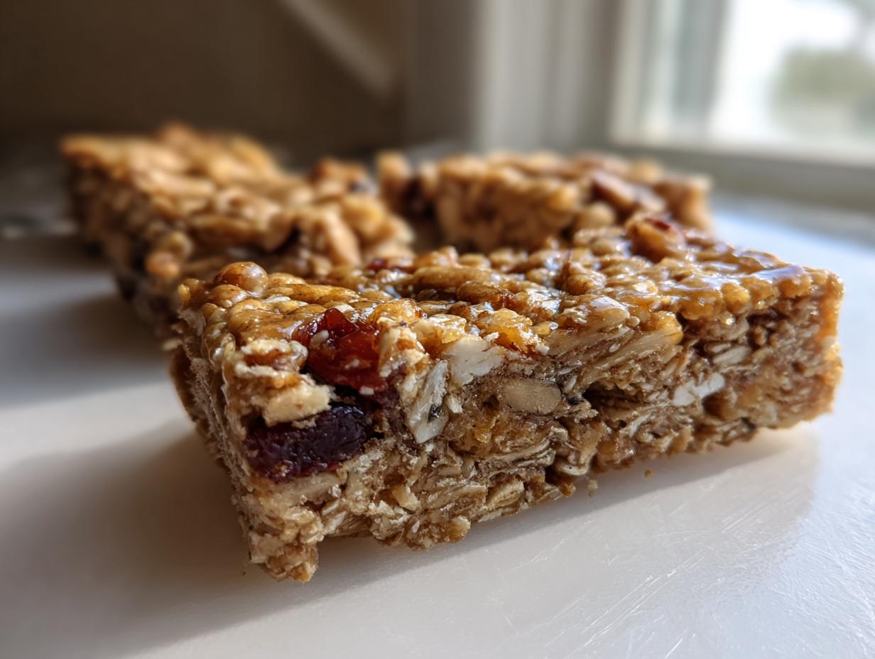 Close-up cross-section of a chewy homemade granola bar showing oats, nuts, seeds, and dried cranberries.