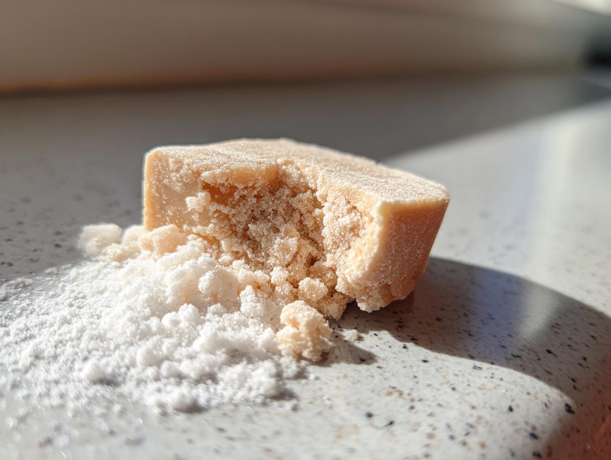 Close-up of a piece of homemade marzipan recipe block crumbling next to powdered sugar.