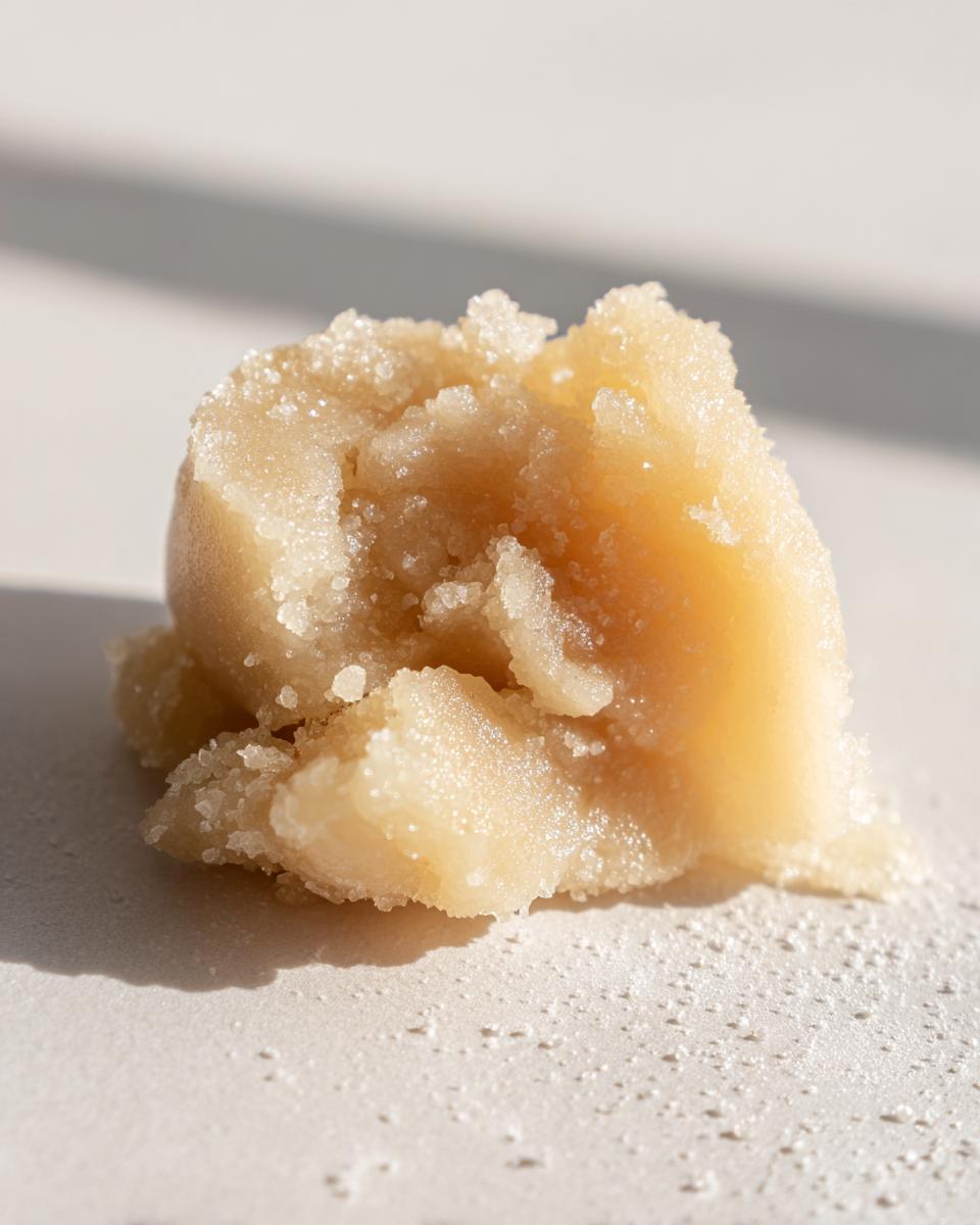 A close-up of a dollop of light beige, slightly grainy homemade marzipan recipe paste resting on a white surface.