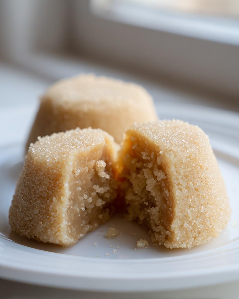 Close-up of homemade marzipan recipe pieces, one cut in half, showing the texture and sugar coating.
