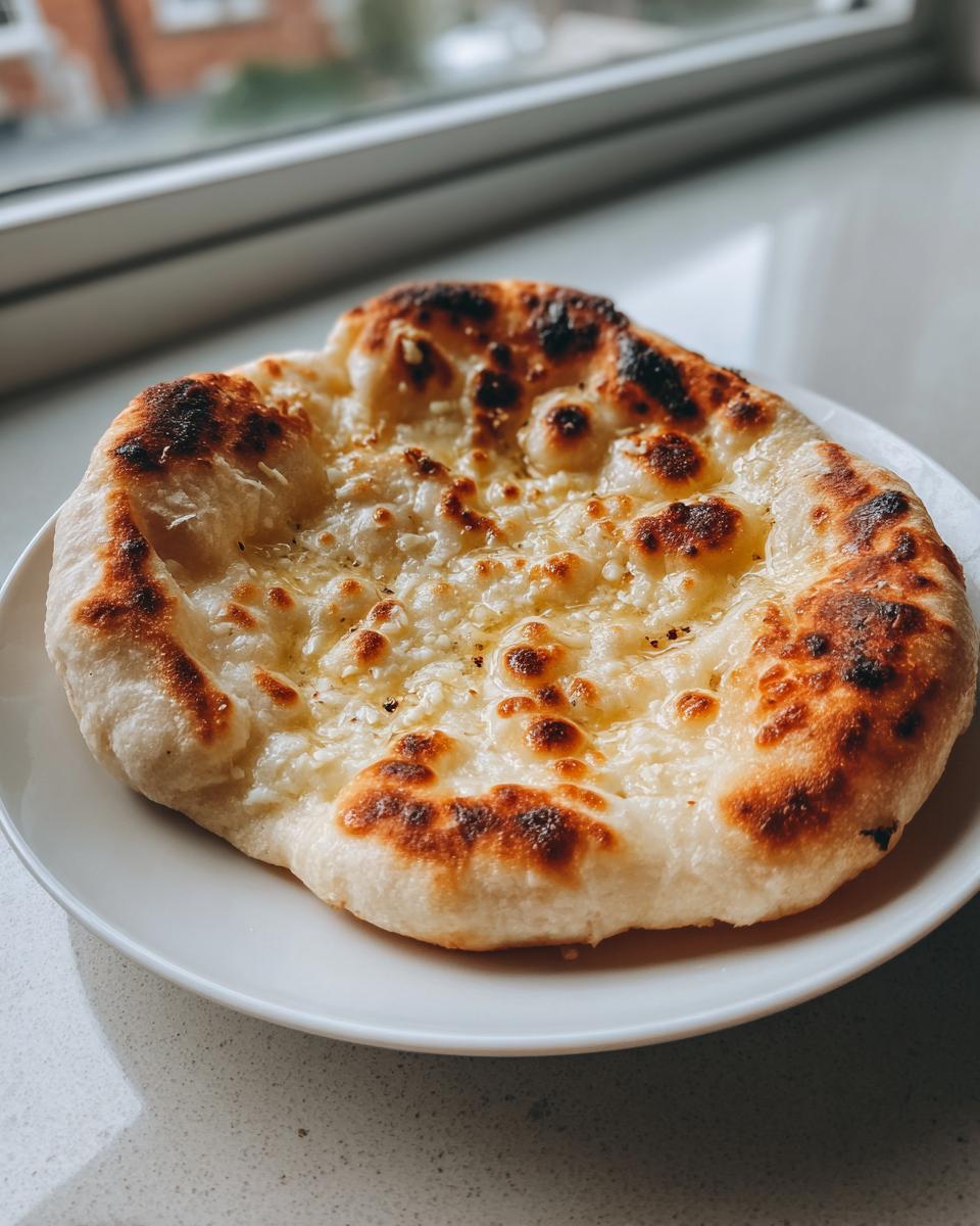 A single piece of freshly baked naan bread topped with melted butter or garlic glaze, resting on a white plate.