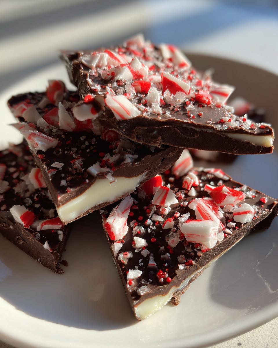 Close-up of stacked pieces of homemade peppermint bark showing dark chocolate, white filling, and crushed candy canes.