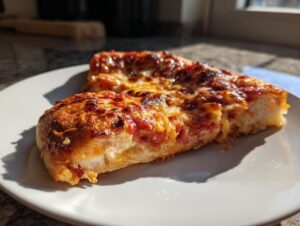Two slices of thick-crust homemade pizza with melted, slightly charred cheese served on a white plate.