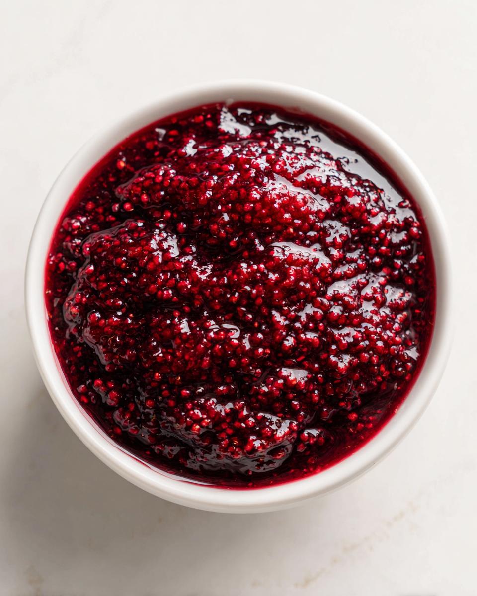 Overhead view of thick, vibrant red homemade raspberry jam texture in a small white bowl.