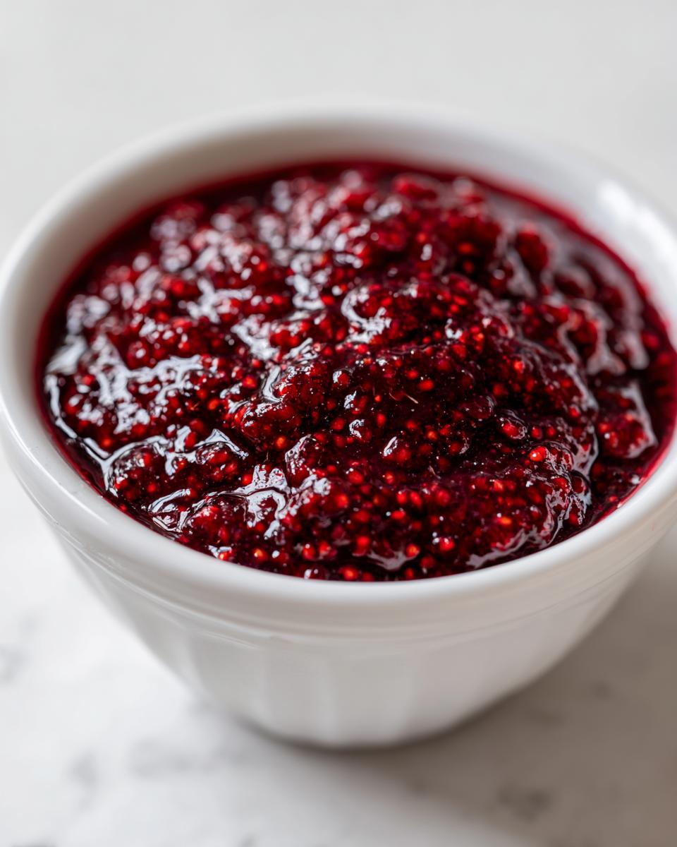 Close-up shot of thick, glistening homemade raspberry jam, full of seeds, served in a small white bowl.