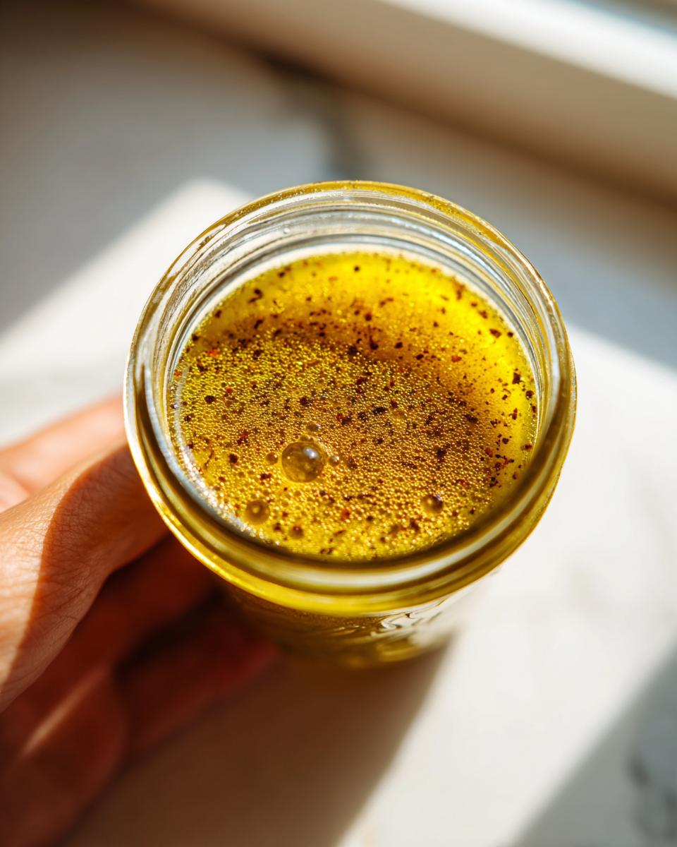 Overhead close-up of a bright yellow homemade salad dressing in a glass jar, showing emulsified oil and dark pepper specks.