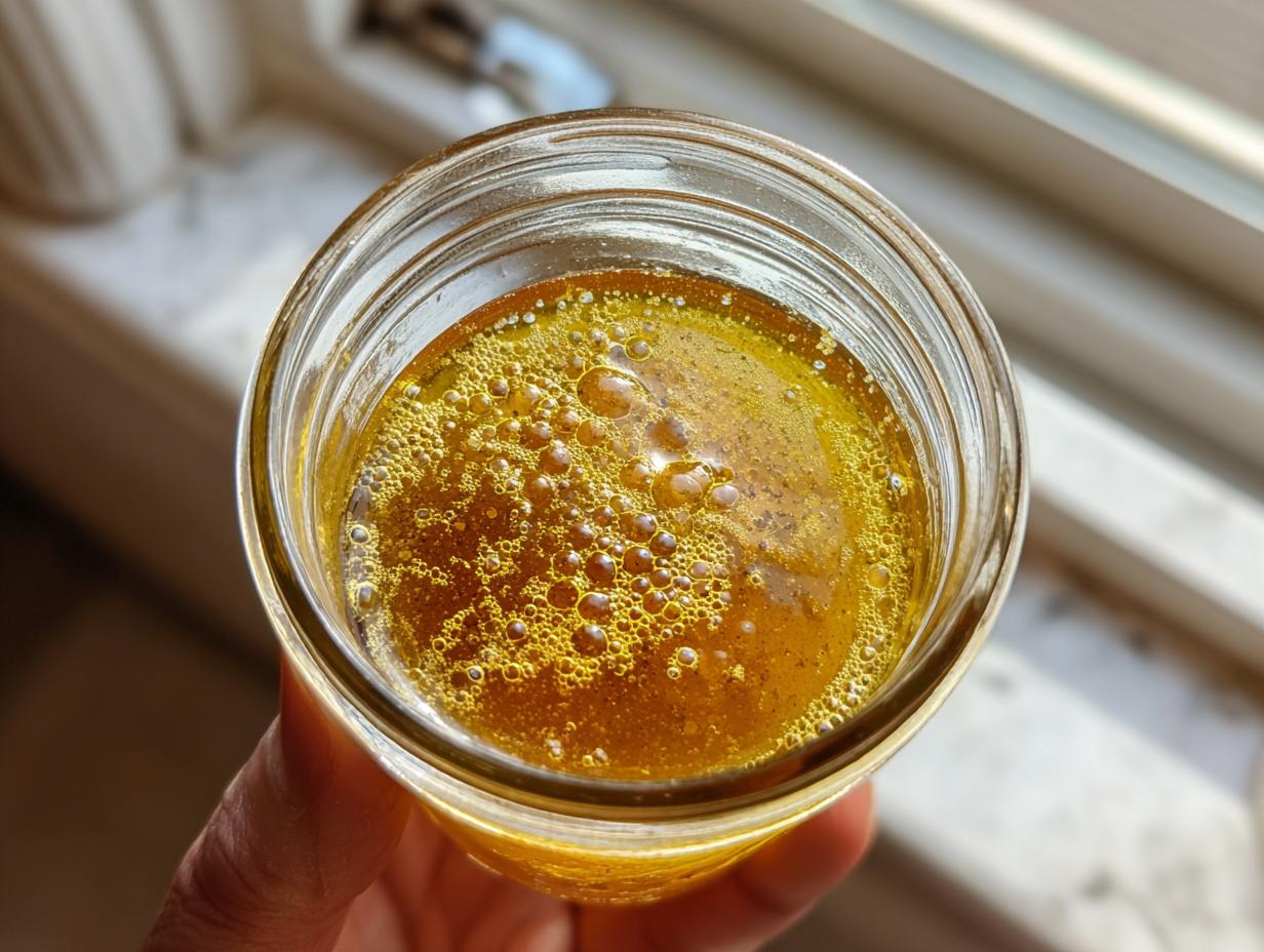 Overhead view of a golden, emulsified salad dressing with small bubbles in a glass jar held by a hand.