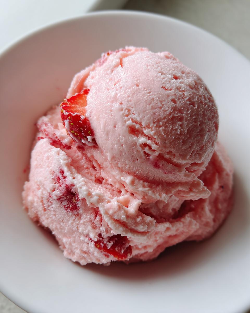 Close-up of two scoops of pink strawberry ice cream with visible strawberry pieces in a white bowl.