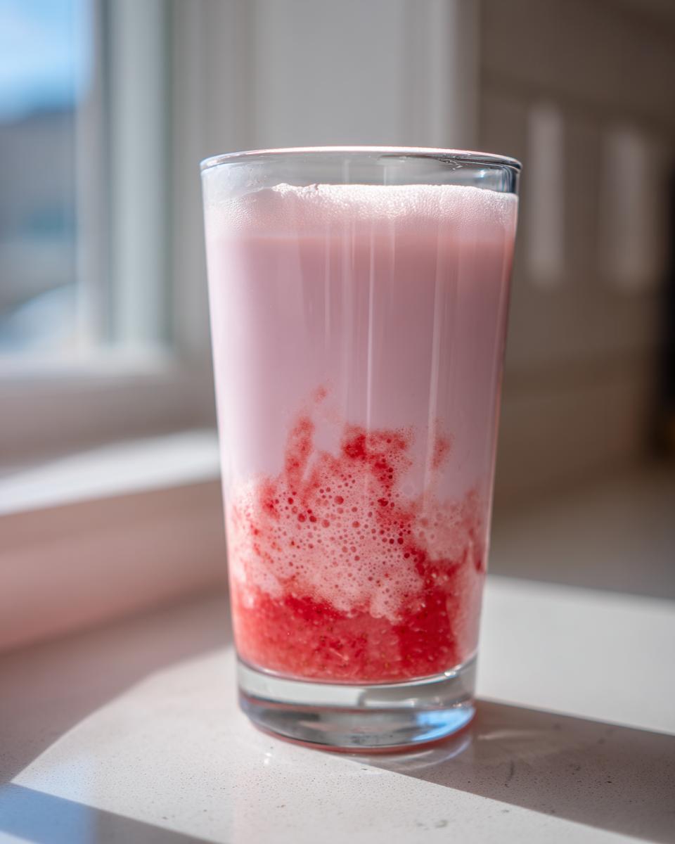 A tall glass filled with layered strawberry milk, showing bright red strawberry puree at the bottom mixing with pink milk.