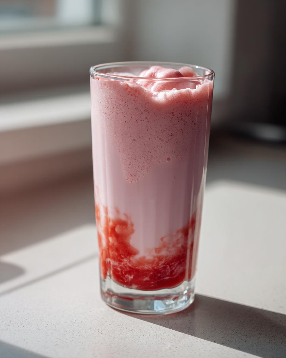 A tall glass filled with homemade strawberry milk, showing swirls of red syrup at the bottom and a frothy pink top.