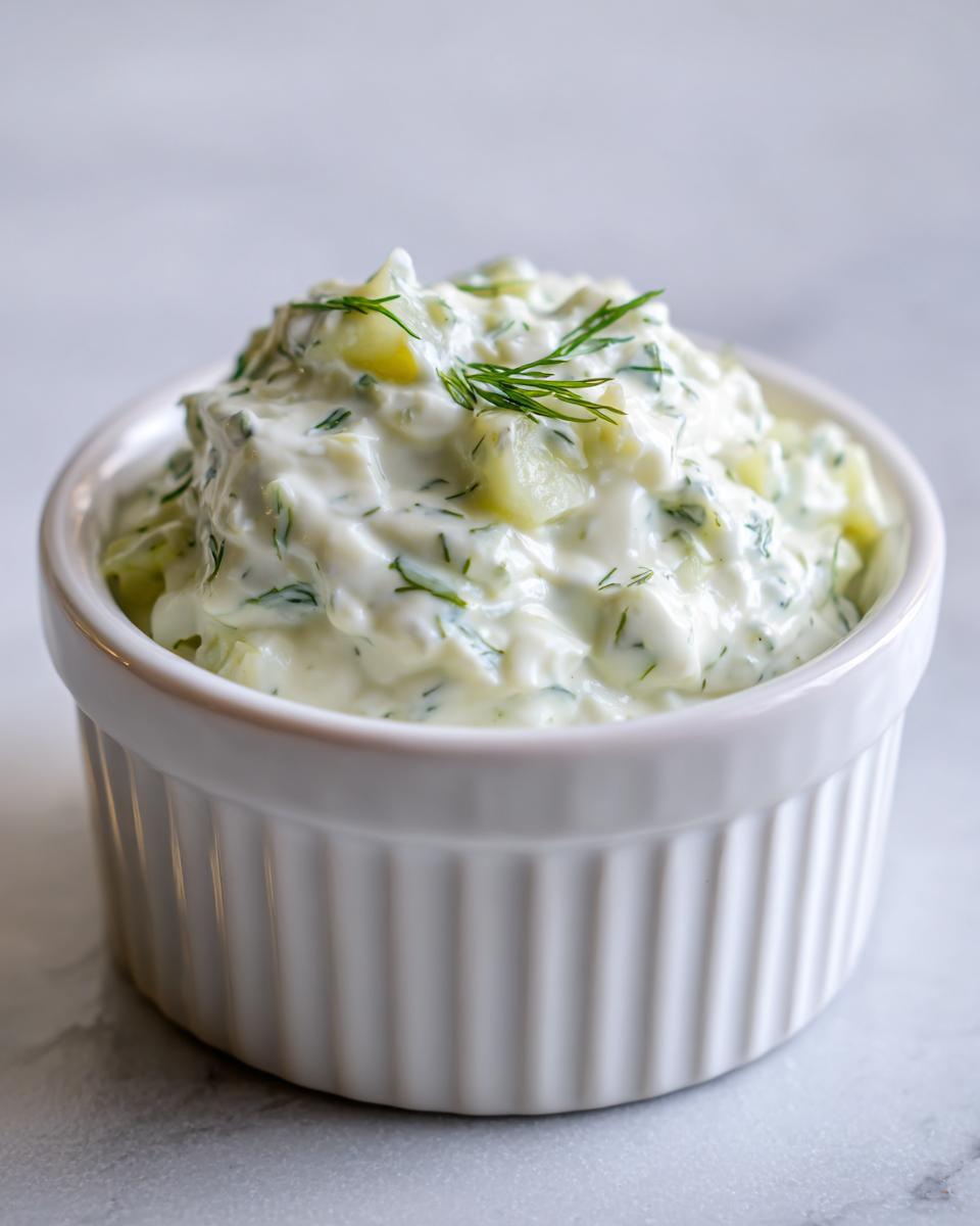 Close-up of creamy homemade tartar sauce recipe, garnished with fresh dill, in a white fluted bowl.