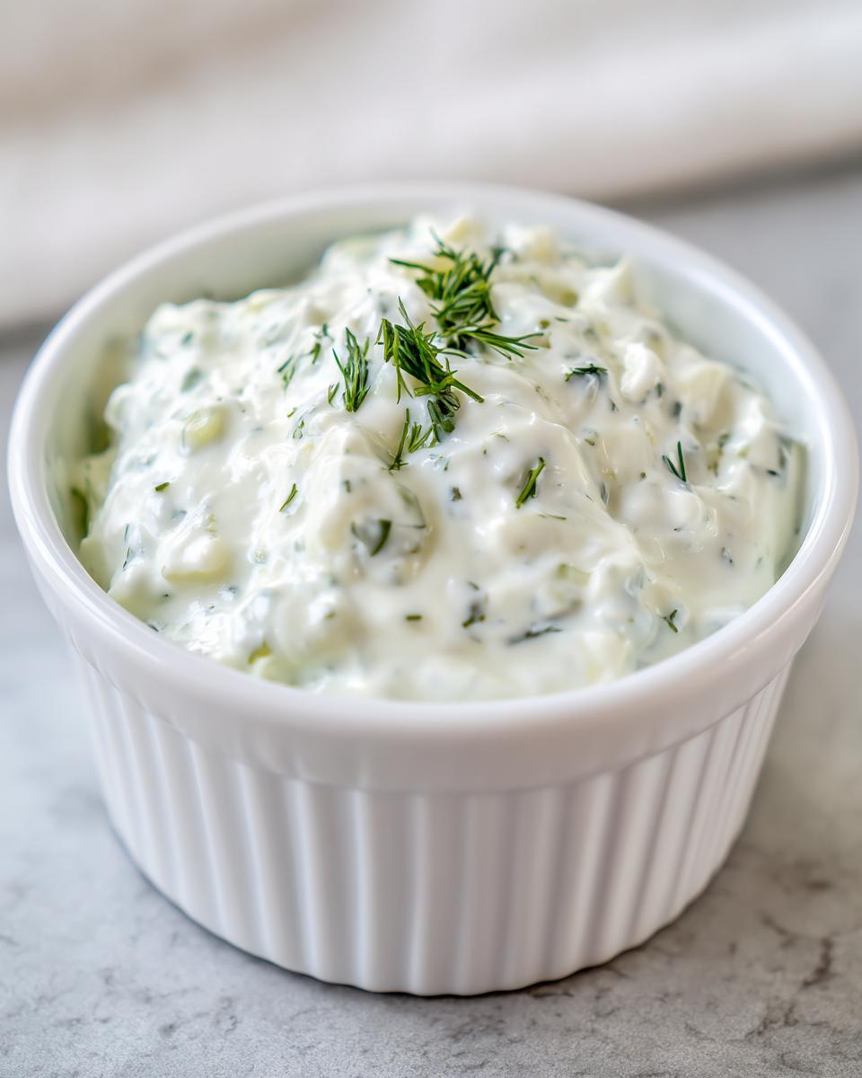 Close-up of creamy homemade tartar sauce recipe garnished with fresh dill in a small white fluted bowl.