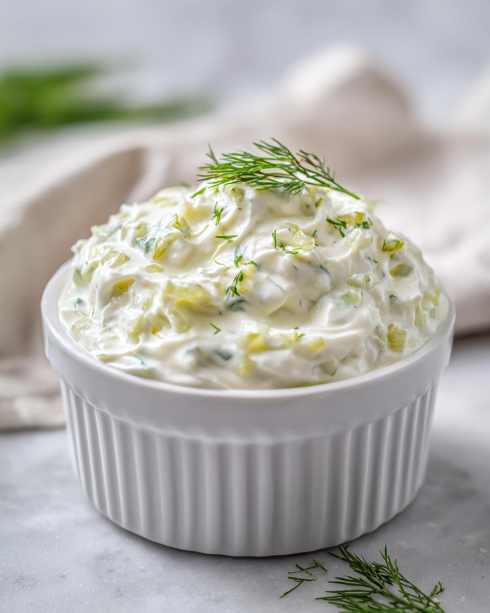 Close-up of creamy homemade tartar sauce recipe garnished with fresh dill in a white fluted bowl.