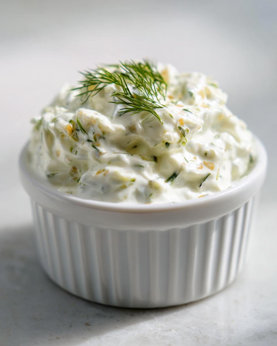 Close-up of creamy homemade tartar sauce recipe, garnished with fresh dill, served in a small white ramekin.