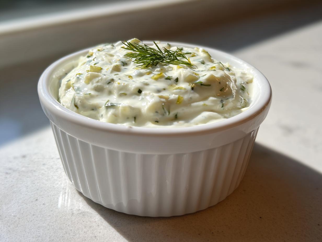 Close-up of creamy homemade tartar sauce recipe garnished with fresh dill in a white fluted bowl.