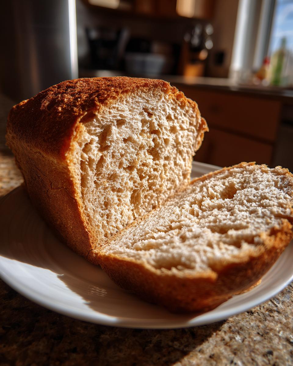 A loaf of homemade whole wheat bread, sliced open to show the soft, airy crumb texture.