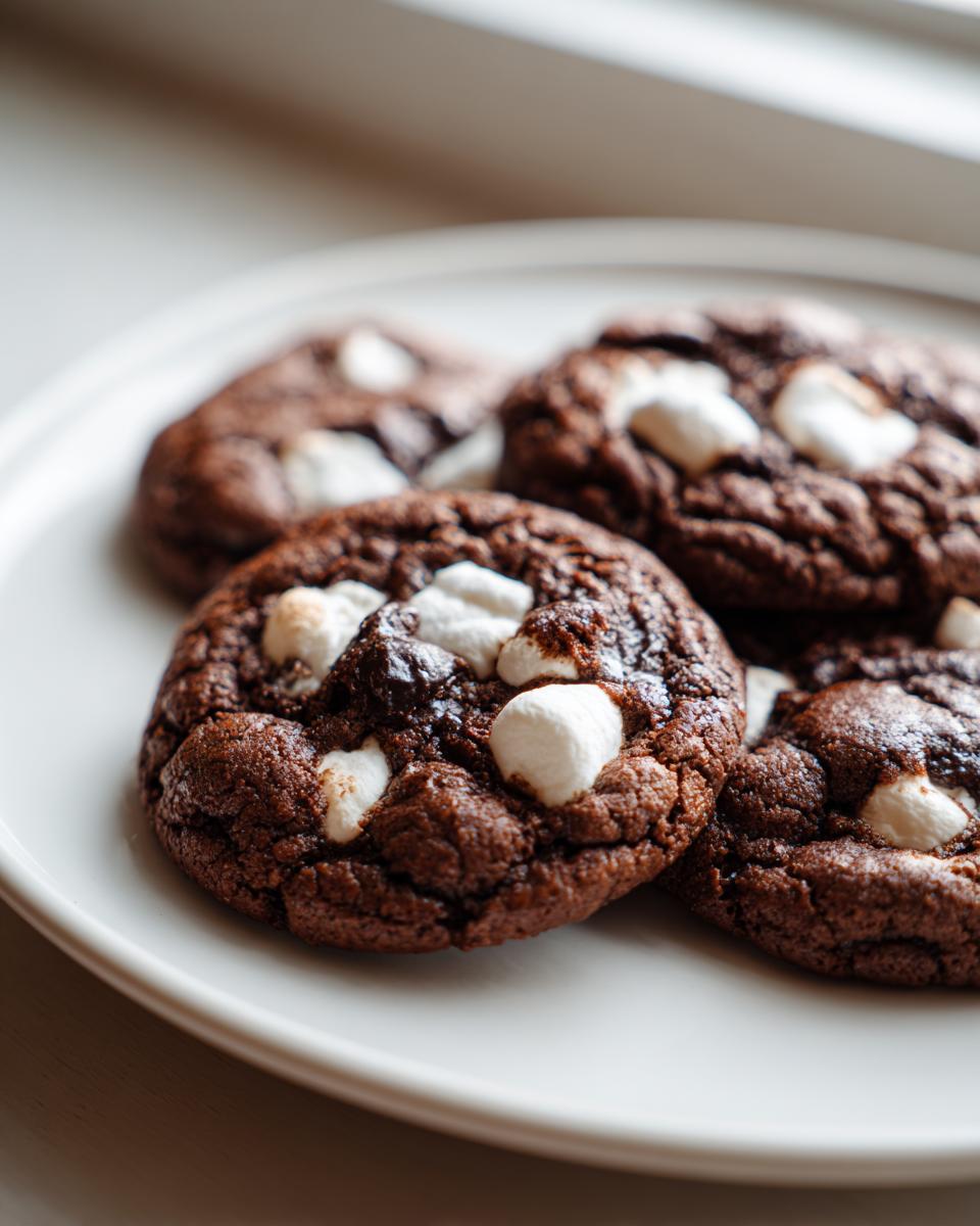Close-up of fudgy hot chocolate cookies topped with melted white marshmallows on a white plate.