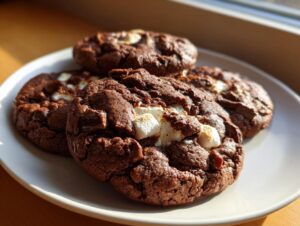 Four rich, dark chocolate hot chocolate cookies topped with melted marshmallows on a white plate.