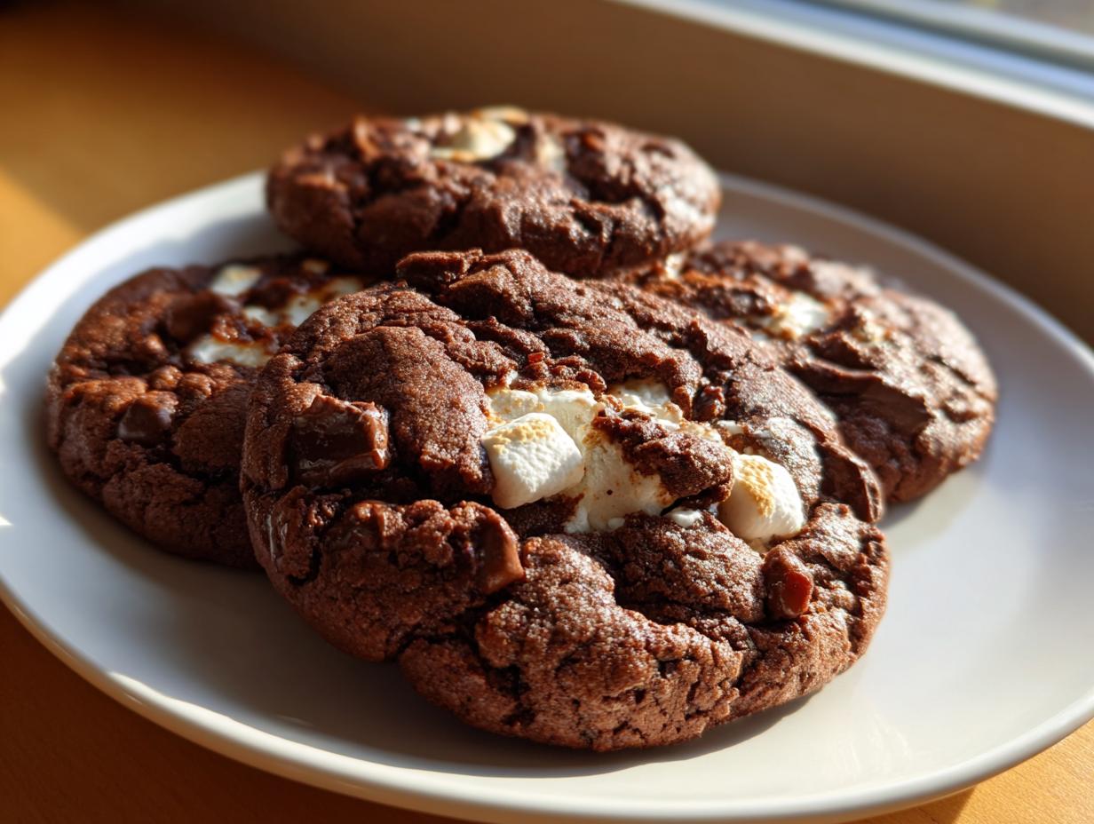 Four rich, dark chocolate hot chocolate cookies topped with melted marshmallows on a white plate.