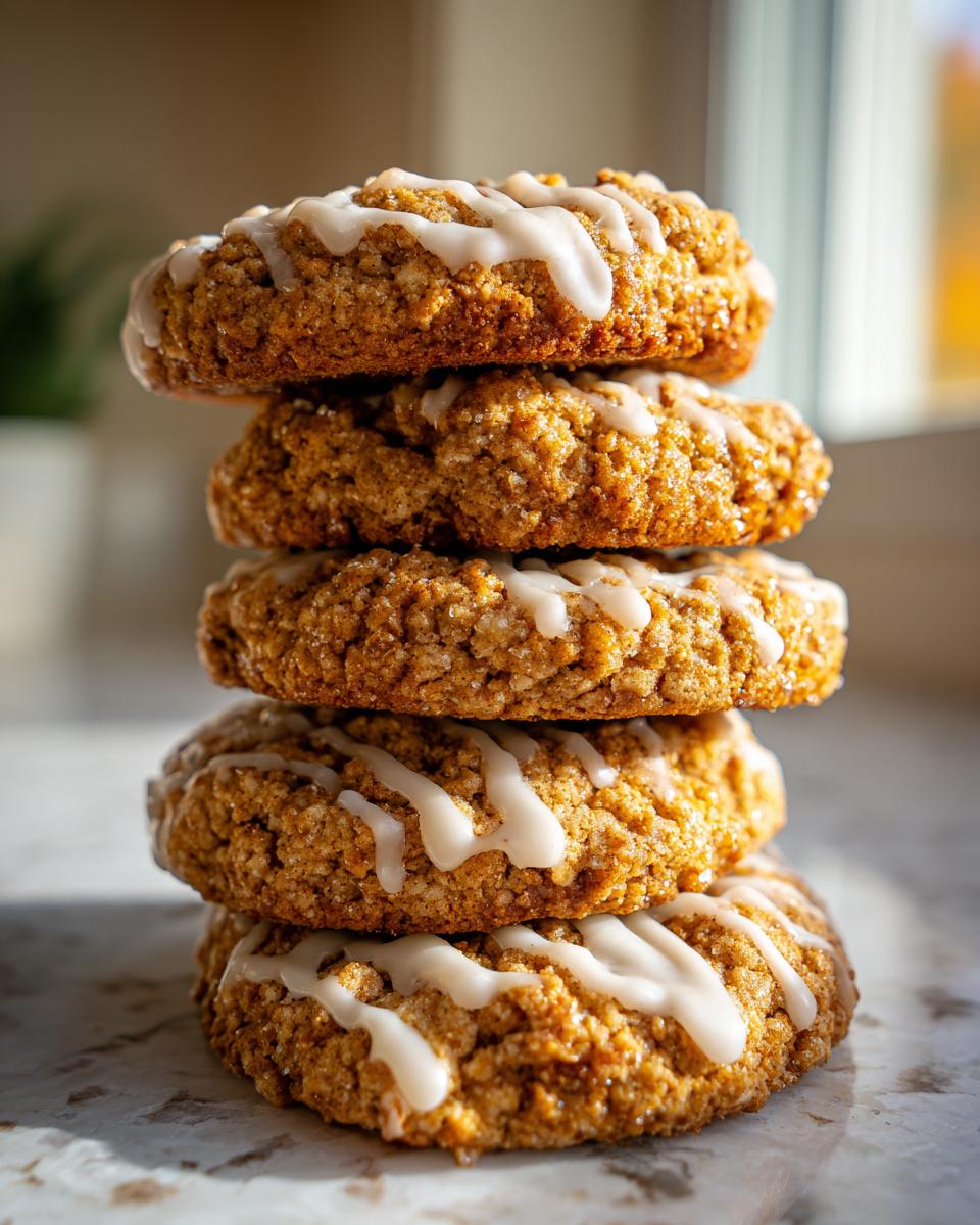 A vertical stack of five golden brown coffee cake cookies drizzled with white icing.