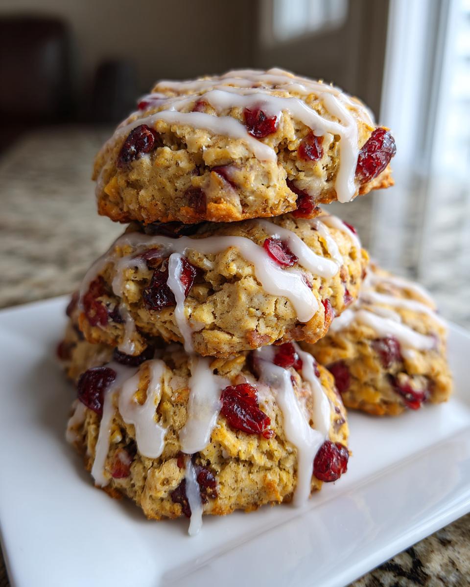 A stack of three delicious cranberry orange cookies topped with a white glaze, featuring visible dried cranberries and oats.